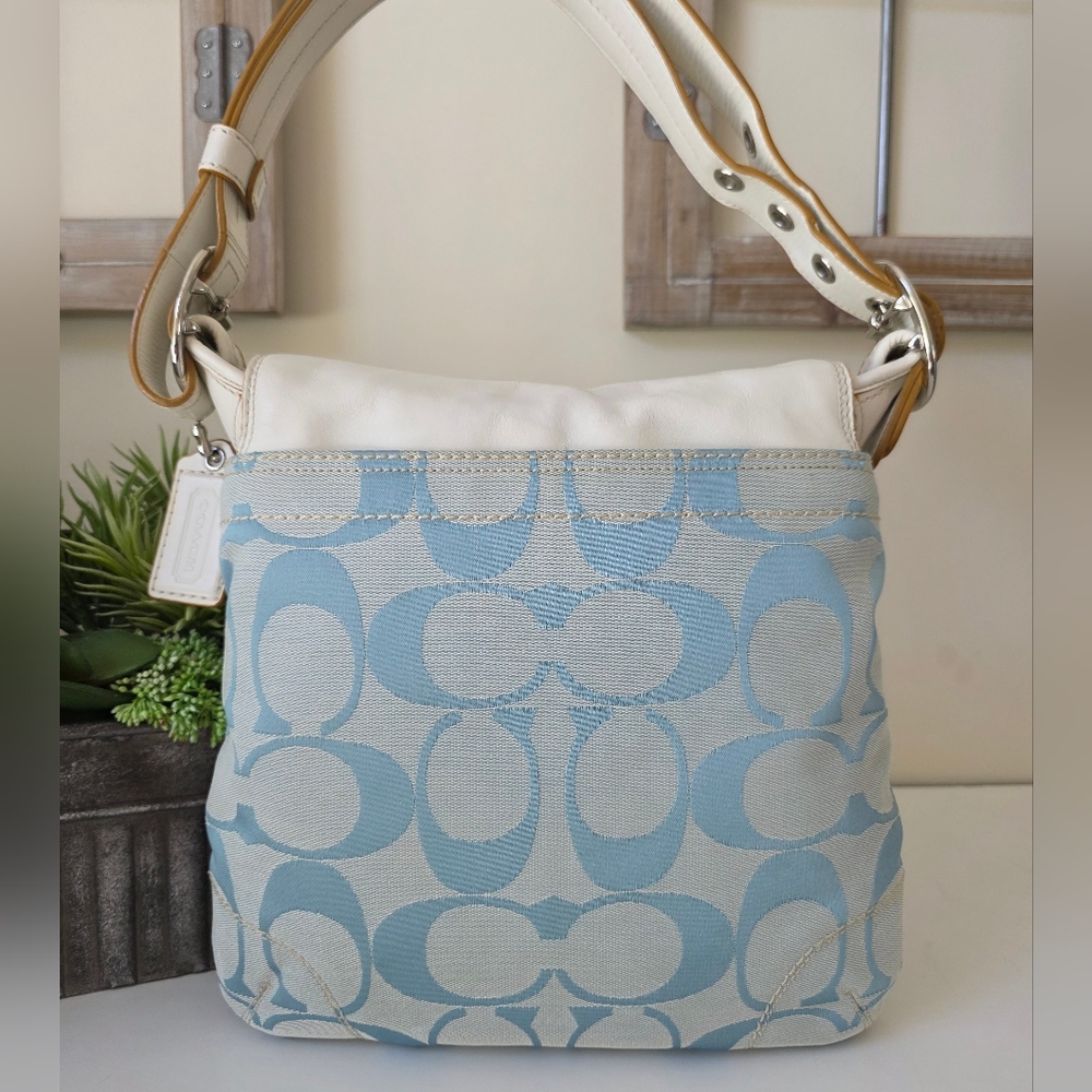 Coach Soho Buckle Hobo Glacier Blue Signature C jacquard White Leather Trim Y2K - Picture 3 of 14